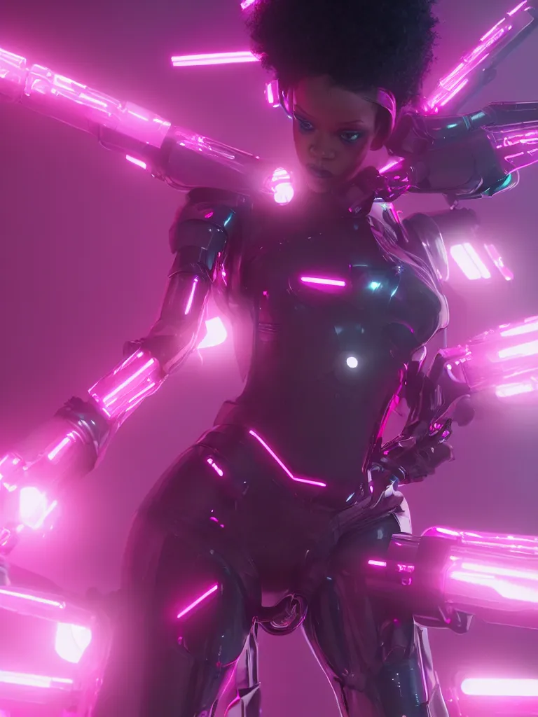 Image similar to cinematic, photography, a beautiful rihanna cyborg, perfect bionic body, pink chrome armor, neon holographic ui data displays, pink space gun, hajime sorayama, masamune shirow, octane rendered, 4 k, lens flare,