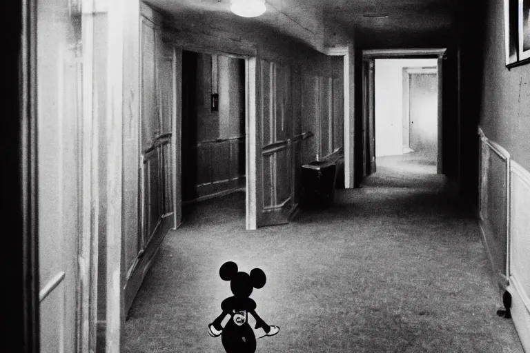 Image similar to a photo of a very long backrooms hallway with a creepy looking mickey mouse at the end of the hallway, staring with an evil grin, dark, horror, detailed