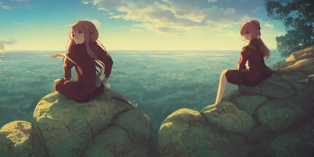 Image similar to tsarevna sitting on a rock off to the side looking down upon swedish town, during dawn, cinematic, very warm colors, intense shadows, anime illustration, anime screenshot composite background