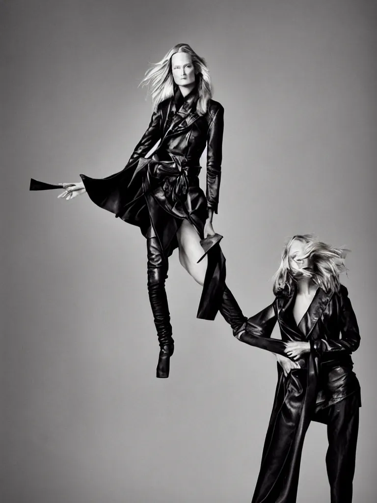 Prompt: photo by annie leibovitz of female fashion model carolyn murphy with symmetrical features and beautiful, flowing long blonde hair with a disdainful and arrogant expression and wearing a black leather jacket and black leather bra. elegant stairway in the background. centre image, clean borders, symmetry ; photorealistic