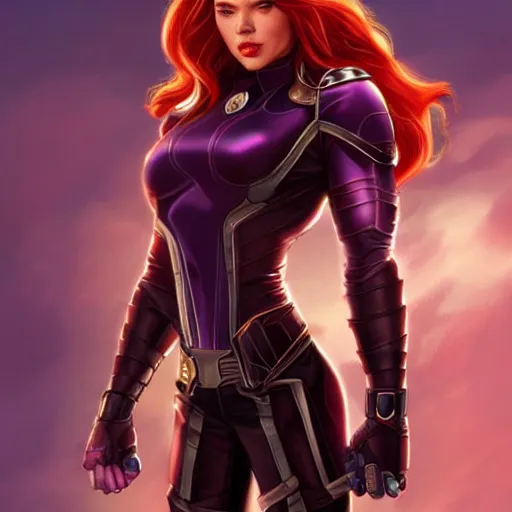 Image similar to natasha romanoff as thanos, feminine beautiful muscular fitness model wearing armor, red lips, attractive, highly detailed full body portrait, pretty face, elegant, breathtaking art, concept art, by artgerm and ilya kuvshinov