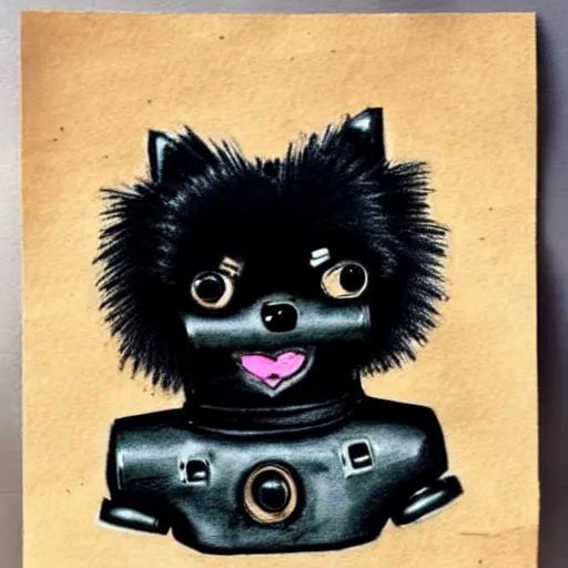 Image similar to a cute black robot pomeranian!!!. ( ( ( alcohol ink on parchment, muted colors, shading!!!, detailed, textured parchment background, 1 9 5 0 s concept art ) ) )