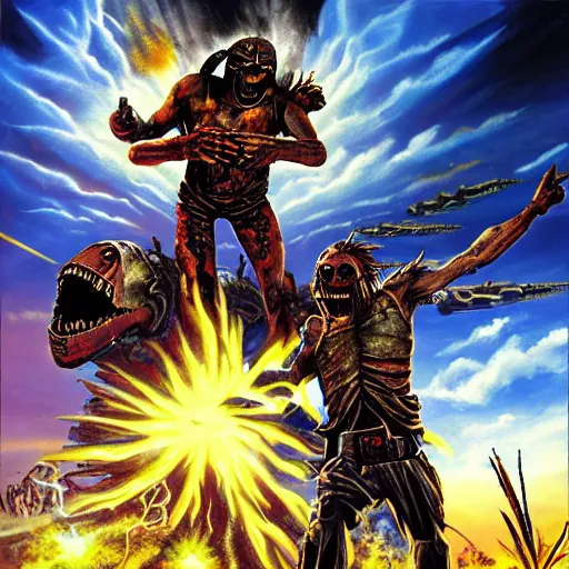 Prompt: iron maiden album cover, science - fiction futuristic apocalyptic war scene with explosions, soldiers firing