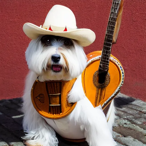 Prompt: a cream-colored Havanese dog dressed as a mariachi musician, playing the guitar, Leica 35mm, 4K