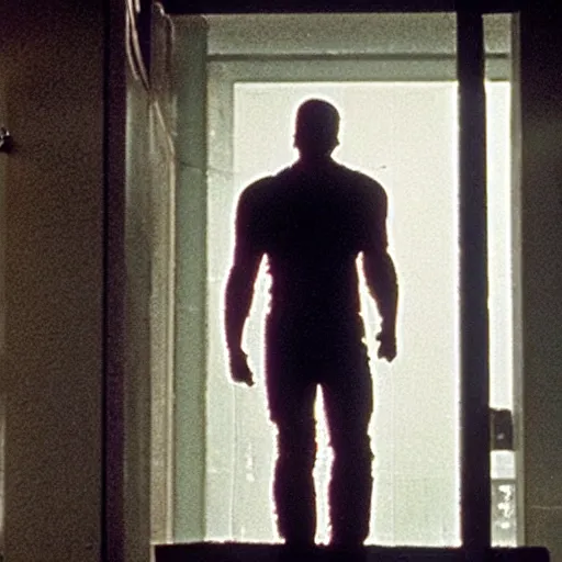 Image similar to a vhs still portrait of the punisher breaking into the office from a gritty cyberpunk 2 0 0 0 s james cameron movie about spider - man. realism, cinematic lighting, 4 k. 8 mm. grainy. panavision.