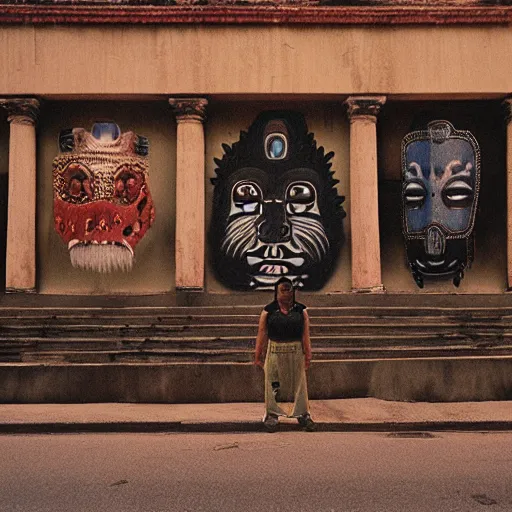 Image similar to empty street, mayan jaguar warrior, portrait, at night, by nan goldin, cinematography by quetzalcoatl