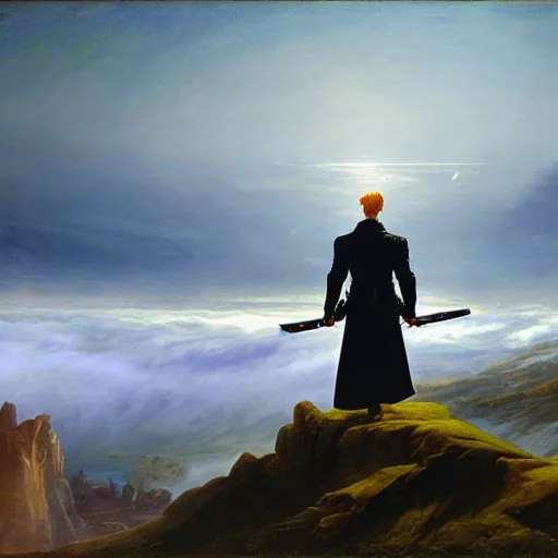 Image similar to wanderer above the sea of fog, but with ghost rider style of caspar david friedrich