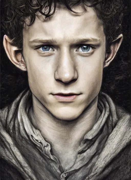 Image similar to portrait of tom holland as frodo, hobbit holding a gold ring with engravings, by alan lee, lord of the rings, smooth, detailed terrain, oil painting, matte painting, concept art, trending on artstation, promotional artwork, film still, elegant, photorealistic facial features, intricate, detailed face, cinematic lighting