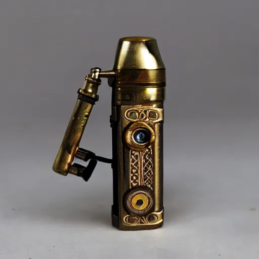 Image similar to a steampunk lighter, product photo, man lighting a cigarette, burnished bronze, flame