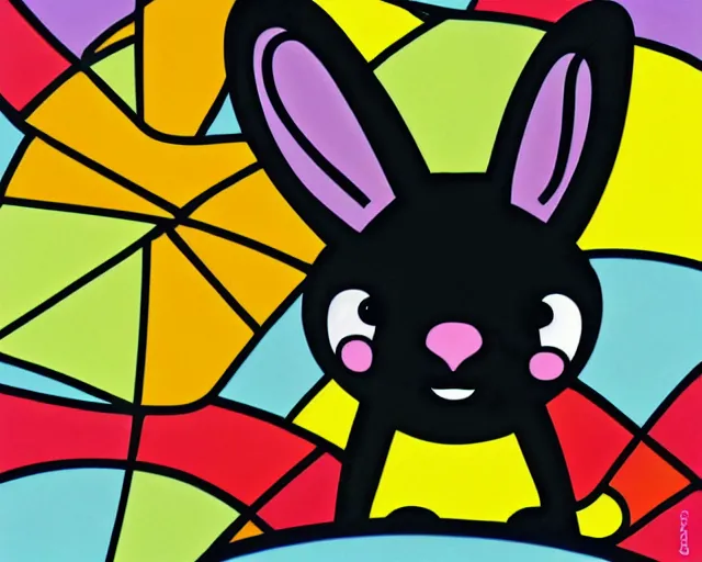 Image similar to a very cute netherland dwarf black bunny, art by romero britto