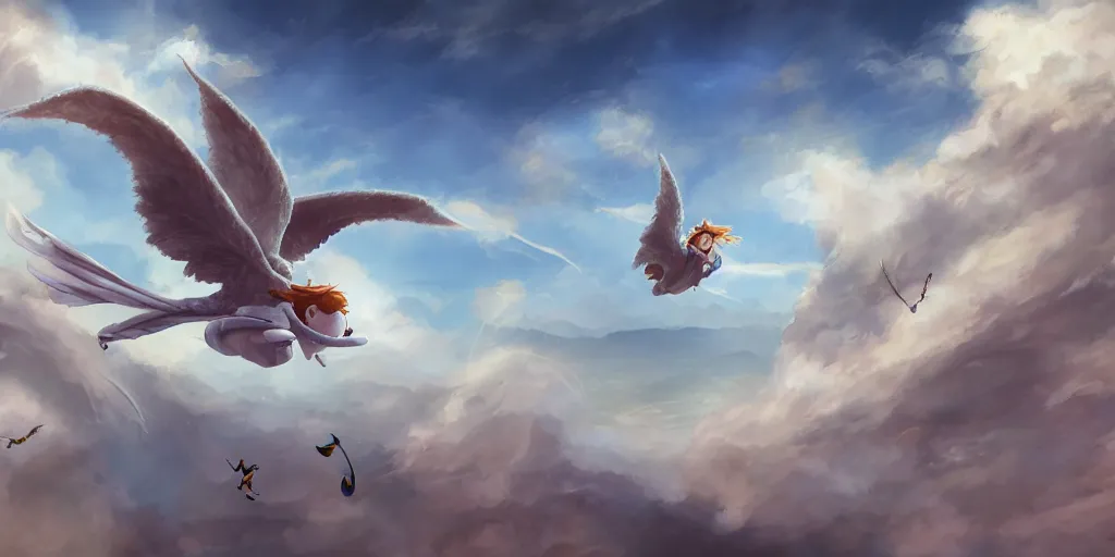 Image similar to A girl flying with a bird-shaped white glider over the clowds, Nausicaa of the Valley of the Wind, Miyazaki Hayao, ghibli style, highly detailed, digital painting, concept art, sharp focus, illustration