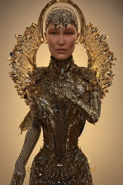 Image similar to a highly detailed 4 k render of a beautiful alien dmt goddess bella hadid in iris van herpen dress schiaparelli in diamonds in style of alphonse mucha trending on artstation made in unreal engine 4