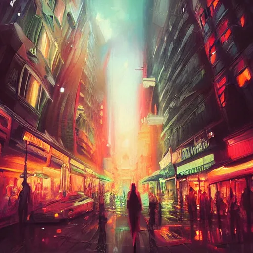 Image similar to a beautiful paiting of Night Life of downtown street by Ross Tran, dark ambient, beautiful, UHD, hyperrealism, Surreal and Fantasy Art, absurdist