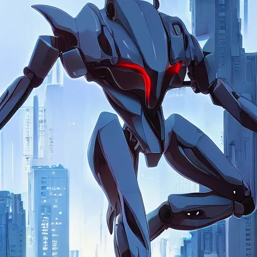 Prompt: cgi anime screenshot of a sleek, slender, human - scale mecha suit defending the city streets, designed by hideaki anno, drawn by tsutomu nihei, and painted by zdzislaw beksinski