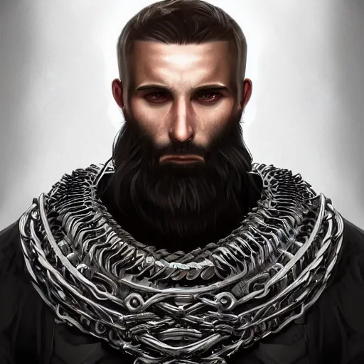 Image similar to realistic portrait, 30 year old man, spanish :: athletic, angered, short black hair :: chain mail, hauberk :: high detail, digital art, RPG, concept art, illustration