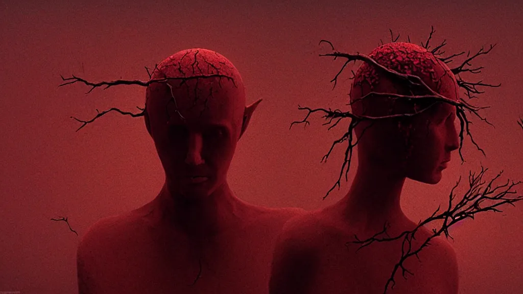 Image similar to the wax head breaches insanity on another level of existence, thorns cover the skin, film still from the movie directed by Denis Villeneuve with art direction by Zdzisław Beksiński, wide lense