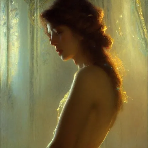 Prompt: beautiful portrait of a young woman, smiling, radiant light, caustics, reflective light, by gaston bussiere, bayard wu, greg rutkowski, giger, maxim verehin