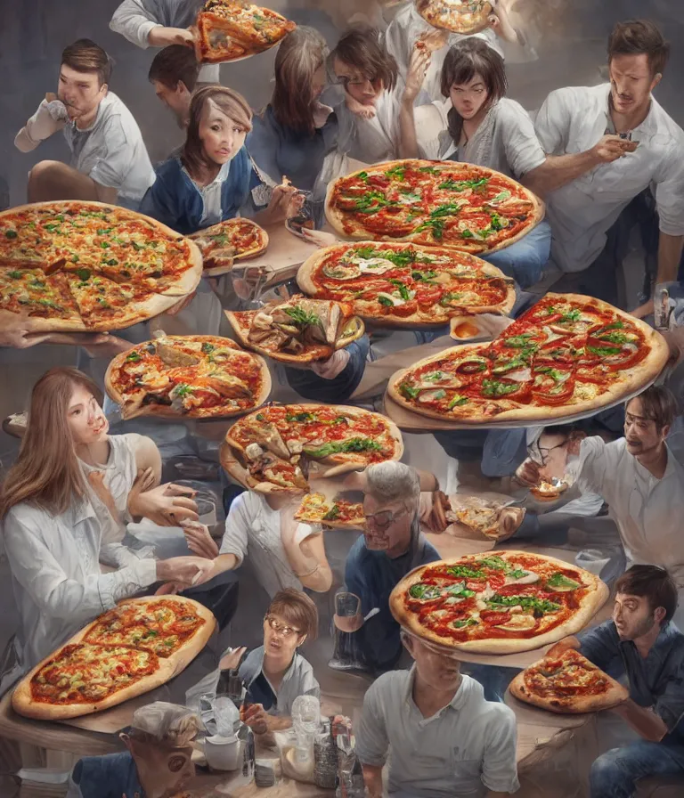 Prompt: a beautiful hyperrealistic detailed 3D render of people made of pizza, by Anton Otto Fischer, Atey Ghailan, genzoman, unreal engine, octane render, gigantic, 3D, brilliantly coloured, intricate, ultra wide angle, trending on artstation, embers, smoke, dust, dusk, volumetric lighting, HDR, polished, micro details, ray tracing, 8k,