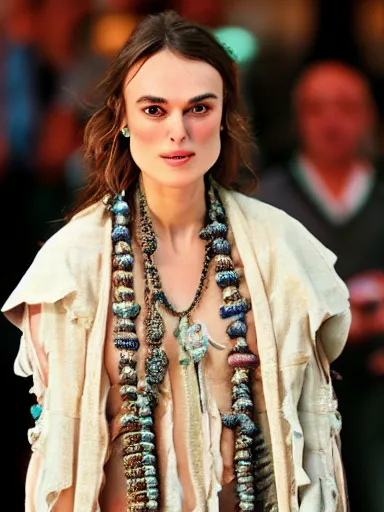 Prompt: a photograph of Keira Knightley wearing a necklace of seashells from the stage production of The Tempest taken with Nikon D3500