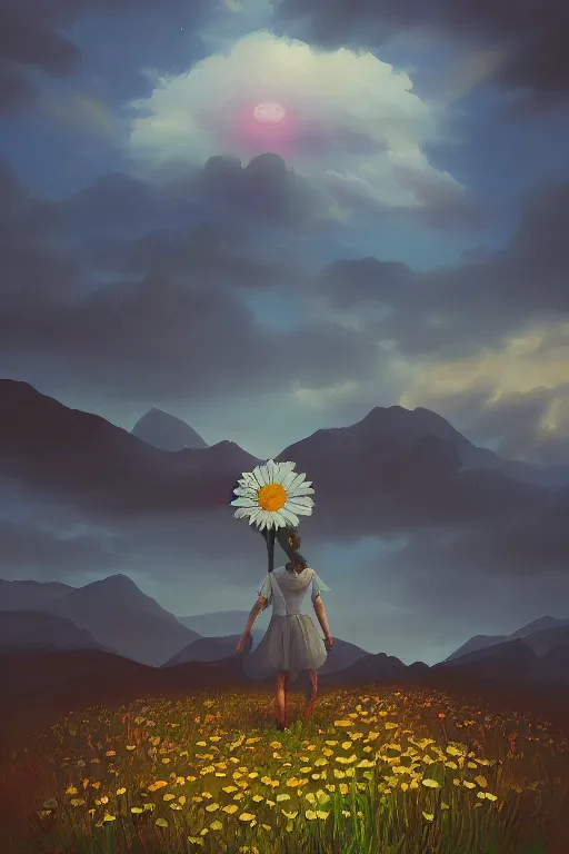 Image similar to giant daisy flower head, walking in the mountains, surreal photography, sunrise, dramatic light, impressionist painting, colorful clouds, digital painting, artstation, simon stalenhag