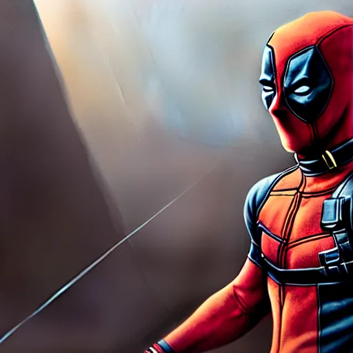 Image similar to deadpool character concept in red white colors!!!, hyperrealistic, highly detailed, cinematic, volumetric sunlight, beautiful, cgssociety, artstation, 8 k, oil painting by greg rutkowski, by artgerm, by wlop