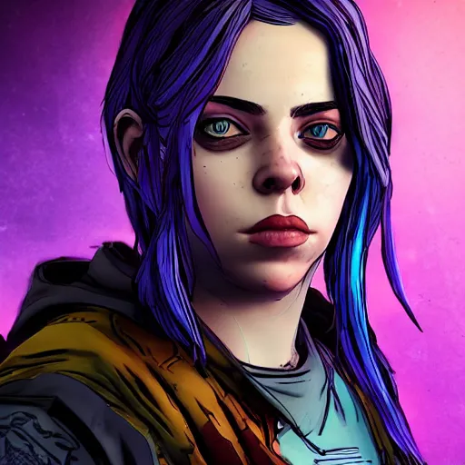 Image similar to billie eilish portrait, borderlands, tales from the borderlands, the wolf among us, comic, cinematic lighting, studio quality, 8 k