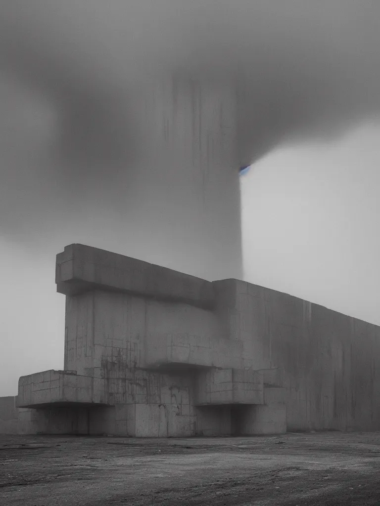 Prompt: High resolution black and white photograph with a 35 mm F/22.0 lens of a Brutalist architectural building alone in the middle of a Russian wasteland in the 1980s in the middle of nowhere while foggy.