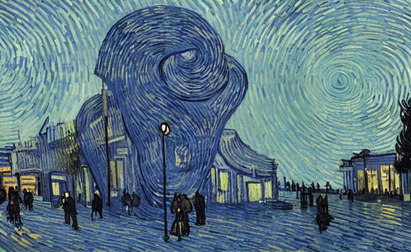 Image similar to people with posters attacking cops, a huge blue spiral - shaped white luminous attractor is floating on the horizon near the sun, stores in los angeles with light screens all over the street, concept art, art for the game, professional lighting, dark night lighting from streetlights, by van gogh