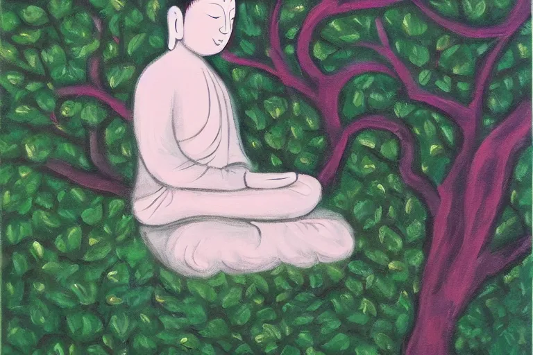 Prompt: painting of a peaceful buddha meditating under a tree, acrylic art, calm, soothing, cosy, elegant, soft light,