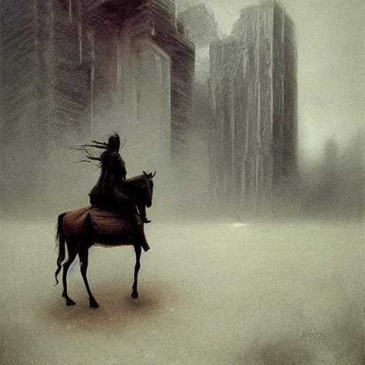 Prompt: cool apocalyptic traveler on a horse through a ruined new york city beksinski art style, highly detailed