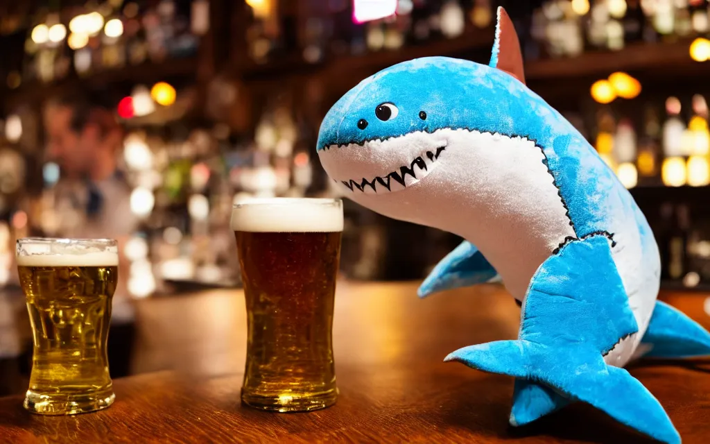 Prompt: Shark plush ordering a beer at a bar, stuffed toy, fish, dim lighting, 50mm, depth of field,