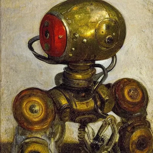 Prompt: A still life of a rusty robot, Pieter Claesz, William James Glackens, (chains), ((gears)), helmet