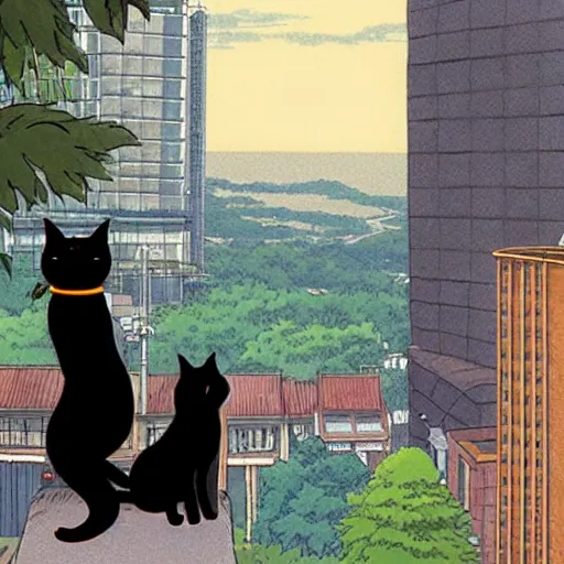 Prompt: a black cat fursona looking out over a city, Miyazaki, studio ghibli