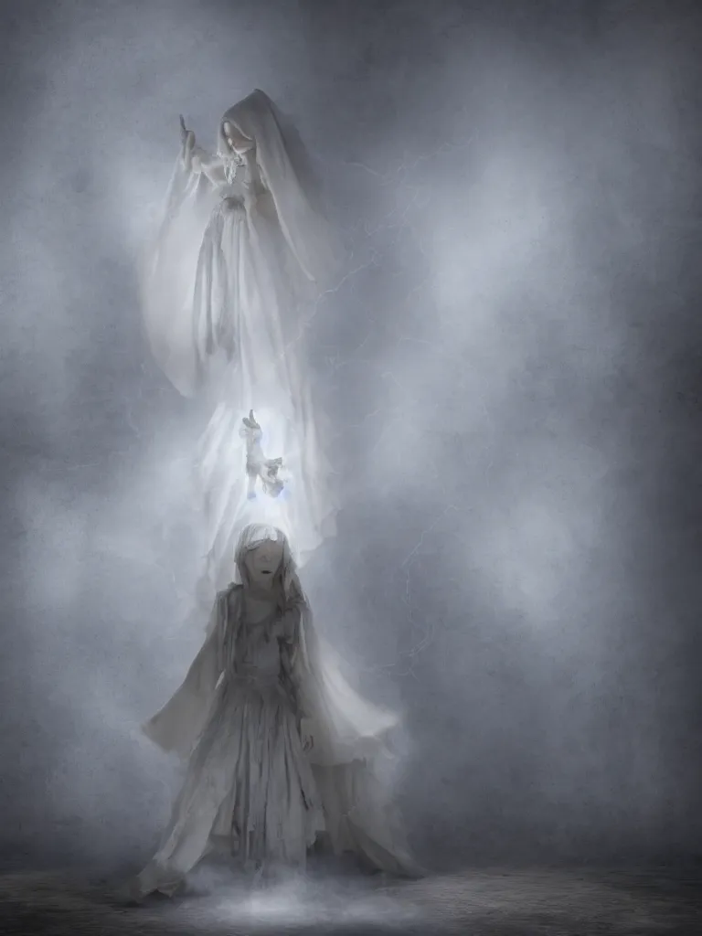 Image similar to cute fumo plush gothic angel maiden girl ghost wraith making an apparition in an abandoned church, wisps of smoke and glowing volumetric fog, vignette, orthographic, vray