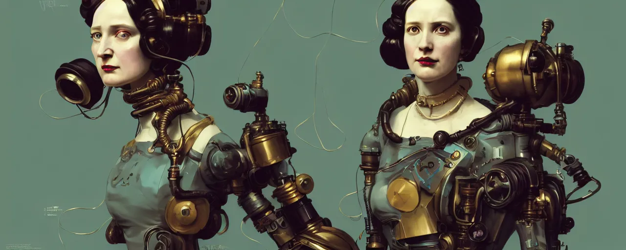 Image similar to duotone dark concept illustration 3 / 4 portrait of ada lovelace as steampunk cyborg. highly detailed mechanism cinematic lighting. golden ratio accidental renaissance. by sachin teng and sergey kolesov and ruan jia and heng z. graffiti art, scifi, fantasy, hyper detailed. octane render. concept art. trending on artstation