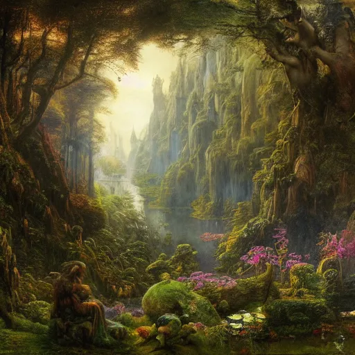 Image similar to a beautiful and highly detailed matte painting of a magical garden of delights in a mystical forest in a dream like valley deep in the misty mountains of avalon, intricate details, epic scale, insanely complex, 8 k, sharp focus, hyperrealism, very realistic, by caspar friedrich, albert bierstadt, james gurney, brian froud,