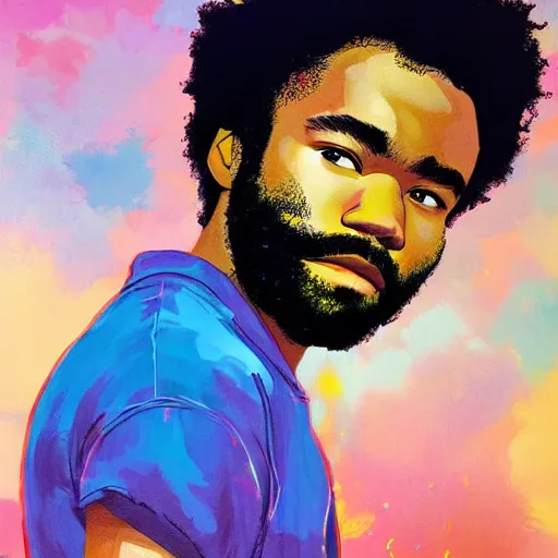 Prompt: donald glover with curly hair, painting on a canvas, anime style, studio ghibli, contemplative, beautiful, surreal, detailed, dreamy