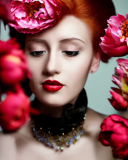 Prompt: Portrait of a European woman, close-up, high sharpness, zeiss lens, fashion photo shoot, peony flowers, red hair, red lipstick, in the background of gold, they have rhinestones on their face, Edward Buba, Annie Leibovitz, David Lazar, Jimmy Nelsson, Eiko Hosoe, artistic, hyper-realistic, beautiful face, octane rendering