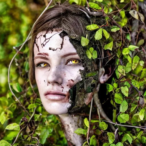 Prompt: portrait of a beautiful cyborg woman. Decayed and rusty partly covered by vines. Laying I. The grass. Detailed face. Photo 8K.