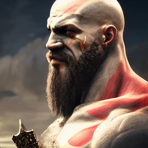 Image similar to portrait of kratos, intricate artwork, concept art, octane render, deviantart, cinematic, key art, hyperrealism, iridescent accents, portrait photograph, nikon 3 5 mm, photograph by greg rutkowski