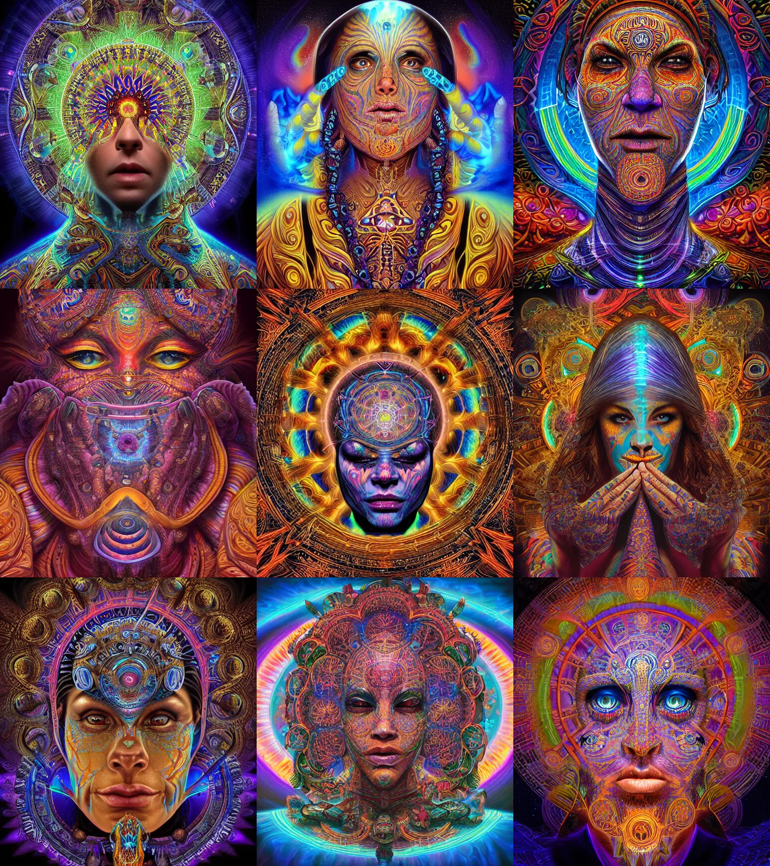 Image similar to a intricate ornate psychedelic image of a shaman with a glowing third eye, digital art by artgerm, alex grey, dan mumford, felix kelly, psychedelic art, psychedelic, fractalism, fractals, sacred geometry, trending on artstation, hyper realism, highly detailed, cgsociety, octane render, raytracing, 3 d