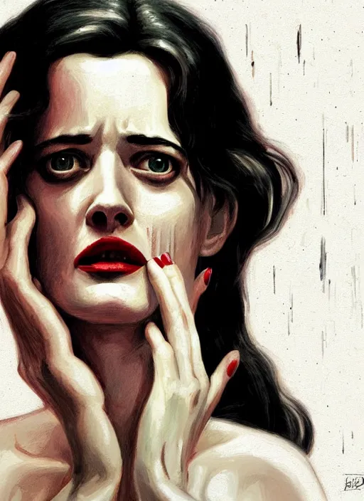 Prompt: twin peaks movie poster art, portrait of a very sweaty eva green with ecstatic face, from scene from twin peaks, clean, simple illustration, nostalgic, domestic, highly detailed, digital painting, artstation, concept art, smooth, sharp focus, illustration, artgerm, donato giancola, joseph christian leyendecker, wlop