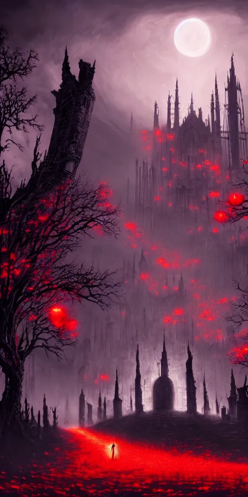 Prompt: soulless bloodborne old valley with a obscure person at the centre and a ruined gothic city in the background, trees and stars in the background, falling red petals, epic red - orange moonlight, perfect lightning, wallpaper illustration by niko delort and kentaro miura, 4 k, ultra realistic