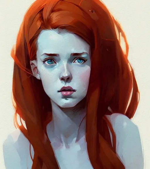 Image similar to realistic female portrait with long red hair, by atey ghailan, by greg rutkowski, by greg tocchini, by james gilleard, by joe fenton, by kaethe butcher, dynamic lighting, gradient light blue, brown, blonde cream and white color scheme, grunge aesthetic