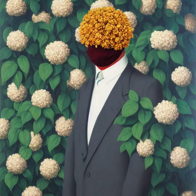 Image similar to portrait of man in a suit with flowers hiding his face by rene magritte, detailed painting, hd, hq, high resolution, high detail, 4 k, 8 k