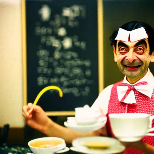 Prompt: close - up of mr. bean joyfully serving you tea at a japanese maid cafe, frilly outfit, soft focus, national geographic, depth of field, 3 5 mm, 8 k, photograph by annie leibovitz