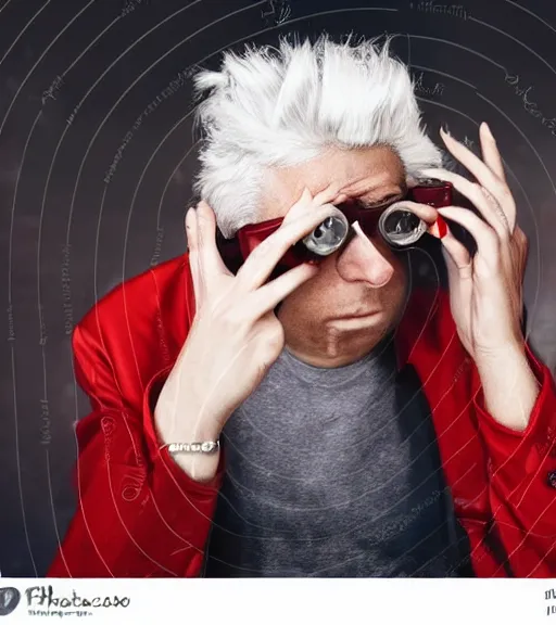 Image similar to young man in red jacket and white shirt, white hair, round goggles, smoking cigarette, character portrait, sharp focus, illustration, high detailed, sad