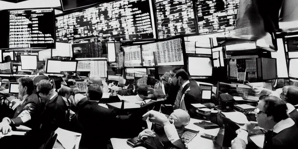 Image similar to film still of a wall street board room, ridley scott, crazy fearful atmosphere, bankers crying, stock market crash symbols on the wall, 1 9 8 0 s science fiction, dark science fiction movie