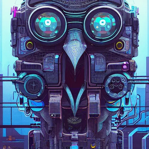 Image similar to A cyberpunk owl cyborg on the street of a cyberpunk city art by Josan Gonzalez, sci-fi, highly detailed, digital painting, artstation, smooth, sharp focus, illustration, concept art by Josan Gonzalez and James Gurney and Mœbius