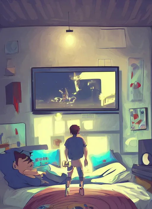 Image similar to video gamecore, gamecore, gamercore pop art of a man playin playstation 5 on his bedroom at night, cinematic perspective, studio ghibli, pop art, trending in artstation, behance, deviantart